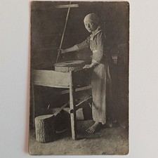 ​​​Antique RPPC Peasant Girl Grinding Grain Rotary Quern Hand Mill Stone Working picture