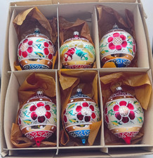 Vintage Poland Fantasia Floral Hand-Painted Mercury Glass Ornaments Set of 6 picture