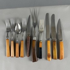 Vintage Bakelite Flatware Lot 10 Pc Butterscotch Brown Forks Knives Spoon picture