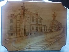 Wood Burning Wall Plaque Train Locomotive Coming Into Station picture