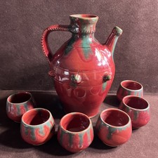 Vintage 1979 Romanian Pottery Wine Set Curtea de Arges Ceramic Pitcher 6 Cups picture