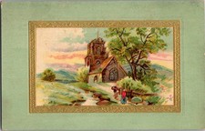Antique Postcard Village Church Landscape Scene Divided Back Early 1900s picture