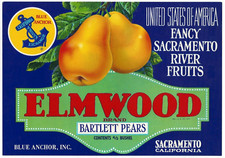 Original ELMWOOD pear crate label Blue Anchor Sacramento River California fancy picture
