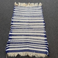 Mexican Artisan Handwoven Flatweave Rug Runner Blue Stripes Fringe 39.5