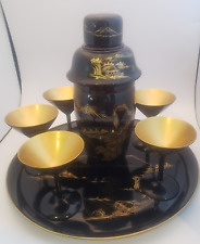 VTG  LACQUERWARE hand-painted BARWARE Japan barware Set / BLK  with Gold paint picture