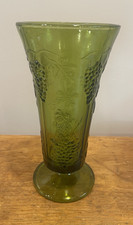 Vintage Indiana Grapevine Avocado Green Large Vase Vintage Grape Pattern Glass  picture