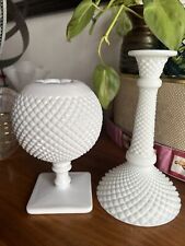 Lot Of 2 Westmoreland English Hobnail Milk Glass Rose Ball Vase & Candle Holder picture