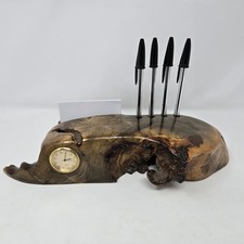 Vintage Richard Rothbard Signed Burl Wood Desk Organizer Clock Pen Letter Holder picture