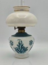 Antique Victorian Milk Glass Oil Lamp Embossed Teal Floral Matching Shade 8.5