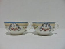 2 Noritake Hand Painted M Tea Cups 1925-1940 Blue Cream Rim Pink Roses Blue Swag picture