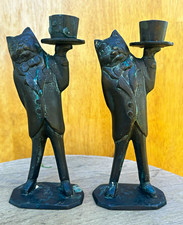 Vintage Brass Cat Butler Candlestick Holders Pair Whimsical Feline Figurine 7” picture