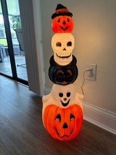 Vintage Halloween Totem Lite-Up Blow Mold Display Pumpkins Black Cat Skull Ghost picture