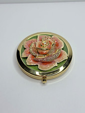 VTG Jay Strongwater Round Floral Pink ROSE Gold Mirror Compact Swarovski Crystal picture