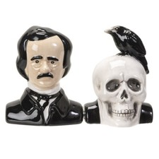 PT Edgar Allen Poe and Skull with Raven Ceramic Salt and Pepper Shakers Set picture