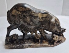 Carved Soapstone Pig Piglets Sow Nursing Mother Antique Chinese Sculpture picture
