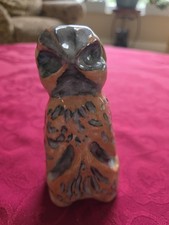 Vtg 1970s Ceramic Owl Figurine 5.5” Retro Mod Orange Gray Spotted Glaze Folk Art picture