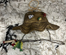 Vintage Christmas Tree Ornament Ceramic Brown Fishing Hat Pole 5.5”  picture