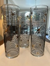 3 Libbey Atomic Starburst Collins Glasses Black Gold MCM Barware picture