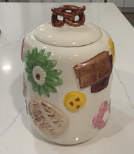 Vintage 1950’s “Cookies All Over” Cookie Jar  With Pretzel Topped Lid.  10”x6” picture