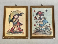 (2) Vtg Wood Plaques Wall Decor J. Jones, N. Clark Kids w/ Cat, Dog Cottagecore picture