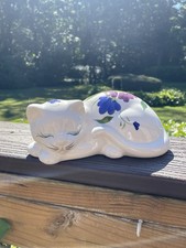 Vtg Henriksen Imports Ceramic Sleeping Cat Figurine Hand Painted Floral Taiwan picture