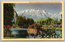 Mount Timpanogos Memorial Park Provo Utah Snowcapped Mountains Linen Postcard picture