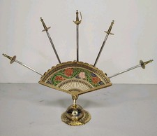 Vintage Toledo Spain Sword Cocktail Picks Set Enamel Fan Stand Barware 5 Skewers picture