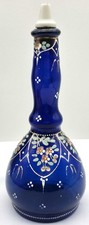 Victorian Cobalt Blue Enameled Barber Bottle Blown Glass with Ceramic Spout picture