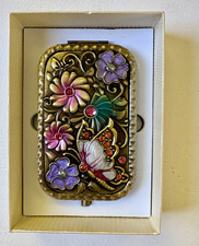 Vintage Style Brass-Tone Floral Butterfly Vanity Compact Case with Mirror picture