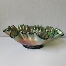 Fenton Green Carnival Glass Persian Medallion Ruffled Bowl 8.25