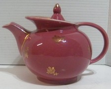 Hall Pottery 1942 Windshield 6 Cup Teapot Maroon With Gold Flower Design 0694 picture