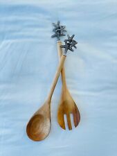 Sea Star Starfish Salad Server Utensil Set Fork Spoon Metal Tops on Teak Wood picture