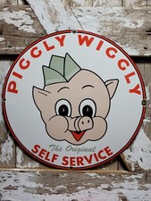 VINTAGE PIGGLY WIGGLY PORCELAIN SIGN OLD GROCERY STORE FOOD SUPER MARKET PIG  picture