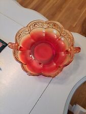 Amberina Vtg Candy Dish Double Handle Aztec Rose Pattern Jeanette Footed Console picture