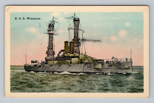 Postcard US Navy Battleship USS Wisconsin BB9 WWI Military Sea View 1900s picture