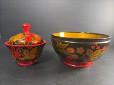 2 Russian Wooden Khokhloma Hand Painted Bowls One With Lid 6