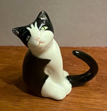 Black & White Tuxedo Cat Fine Bone China Figurine, Sitting with Curled Tail picture