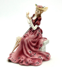 Vintage Style Porcelain Lady Figurine Pink & Burgundy Dress w/Parasol & Hat picture