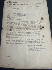 1945 Jack O Connor Signed Outdoor Life Letter WWII Walther Pistol Danish Krag picture