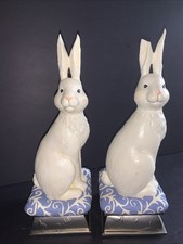 Rare Set 2 White Bunny Rabbit Figurines Blue Floral Base Easter Spring Decor 10” picture