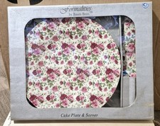 Formalities: Baum Bros Cake Plate & Server Gold Trim Pink & Red Roses 10.5