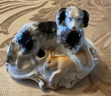 Antique Staffordshire Inkwell Dog With Rabbit C. 1865 4.5x3.75” picture