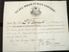 CIVIL WAR MICHIGAN FIRST US LANCERS DISCHARGE 1862 picture