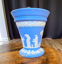 Wedgwood Blue & White Jasperware Relief Ceramic Cachepot Planter, England picture
