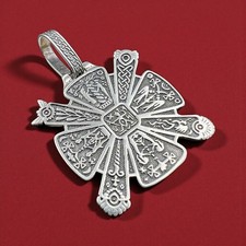 UNUSUAL Cross icon amulet runes men Ukraine CHRISTIAN ORTHODOX vtg silver 925 picture