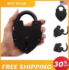 Vintage Style Heart Padlock 5 Inch Cast Iron 2 Skeleton Keys Black For Trunk picture