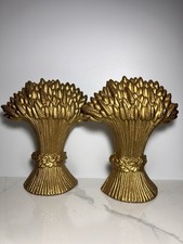 VTG Cast Iron Wheat Sheaf Golden Book Ends Door Stoppers Decor picture