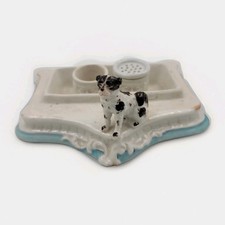 Antique German Porcelain Inkwell Standish Pounce Pot Inkstand Spotted Dog Figure picture