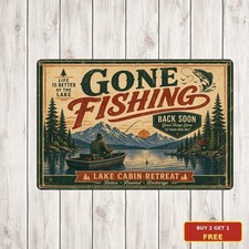 Retro Gone Fishing Tin Sign Antique Angler Man Cave Wall Plaque picture