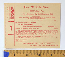 Geo. W. Cole Circus Bill Posting Pass Vintage Ephemera picture